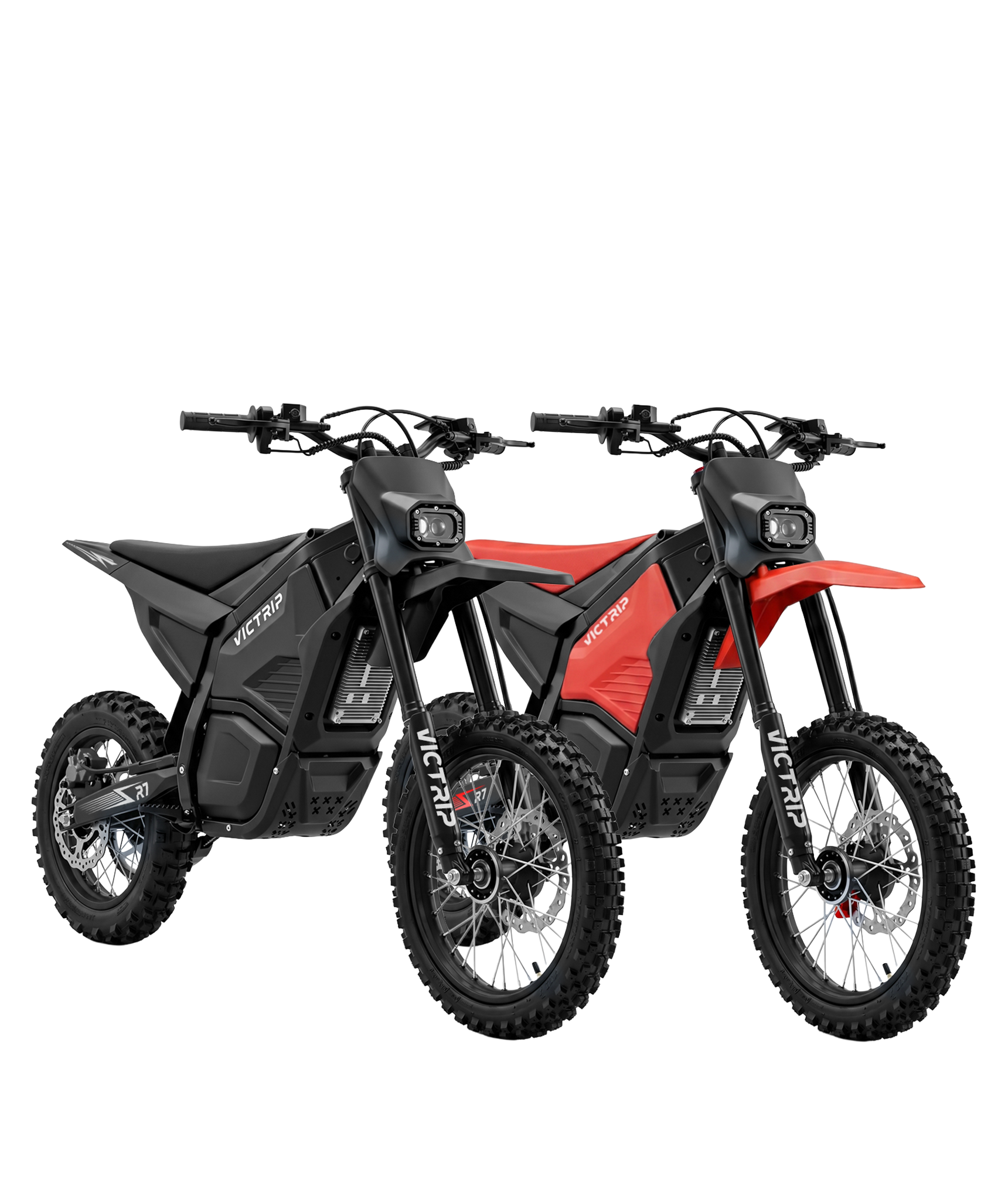 R7 2-pack electric dirt bikes in black and red